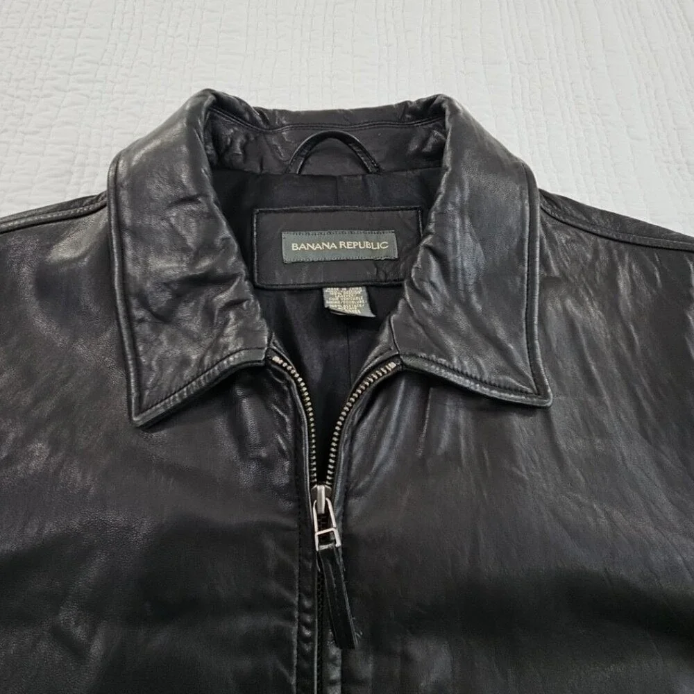 Banana Republic Full Zip Leather Jacket Men's XL‎ Jet Black Long Sleeves EUC LN